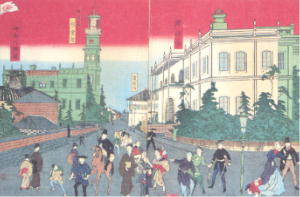 早川松山「横浜名所一覧」（部分）、左の時計台が横浜町会所