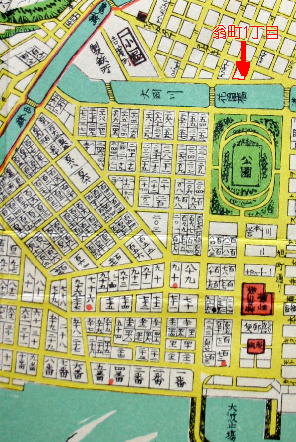 明治10年、横浜見分地図、公園の上に赤く囲ったところが横浜鉄工共営合資会社のあった翁町１丁目