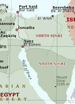 スエズ運河（ポートサイドからスエズまで）。上は地中海、下はスエズ湾、エンカルタ地球儀より作成